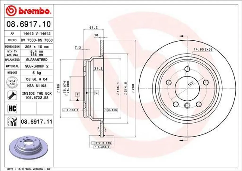 Disque de frein Brembo 08.6917.11 pour Série 5 E39 - Réf OE 34211163669
