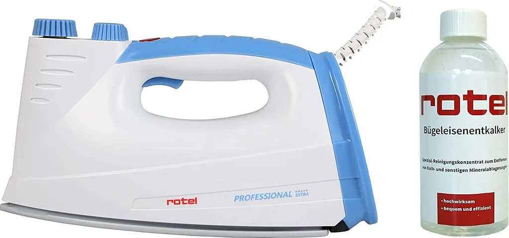 Fer à repasser professionnel Rotel Extra semelle céramique bleue + détartrant