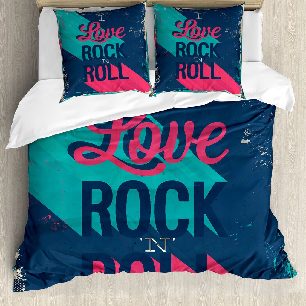 ABAKUHAUS Rockmusik Bettbezug, Ich Liebe Rock n Roll, Milbensicher Allergiker geeignet mit Kissenbezügen, 200 cm x 200 cm - 80 x 80 cm, Dunkle Cor...