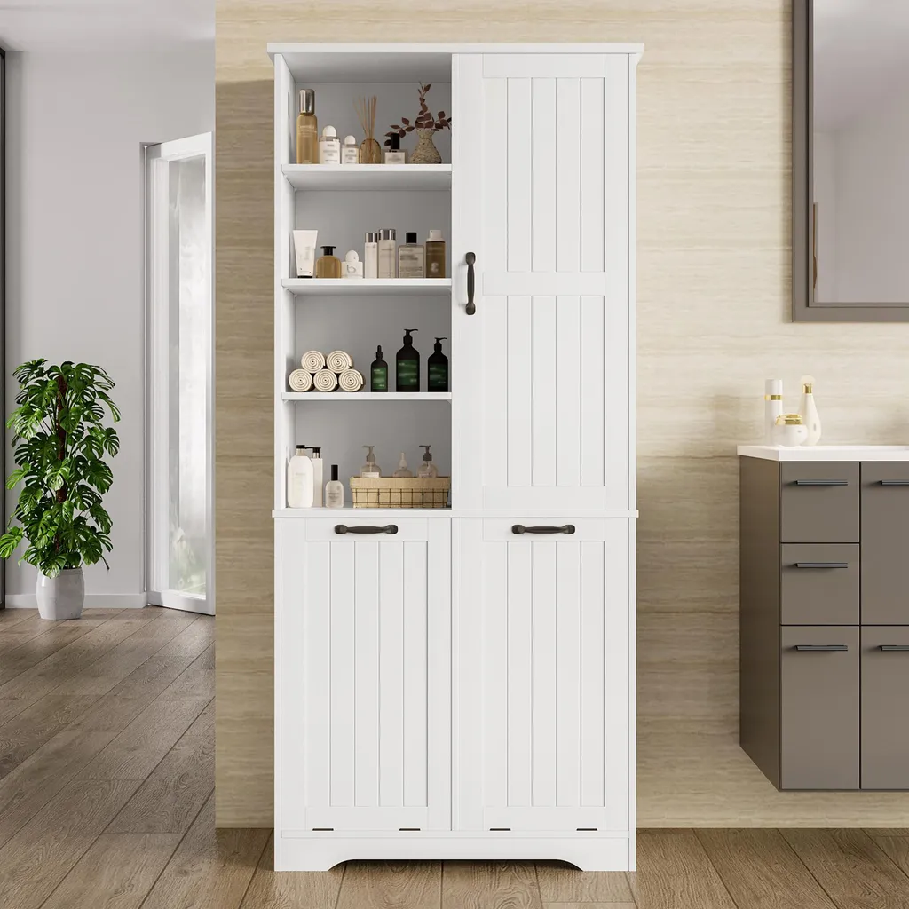 Armoire de Bain Laquée Blanche à Étagères Réglables et Double Bac Linge