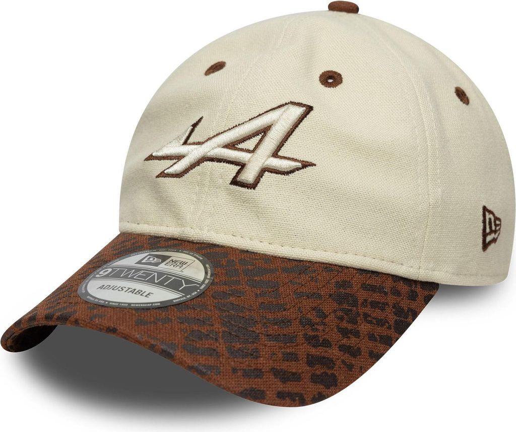 Alpine F1 Cap 9TWENTY Logo New Era, Offizieller Fanartikel, Cremeweiße Kappe mit Alpine Logo und gemustertem Schild in Brauntönen, Viskose-Mix