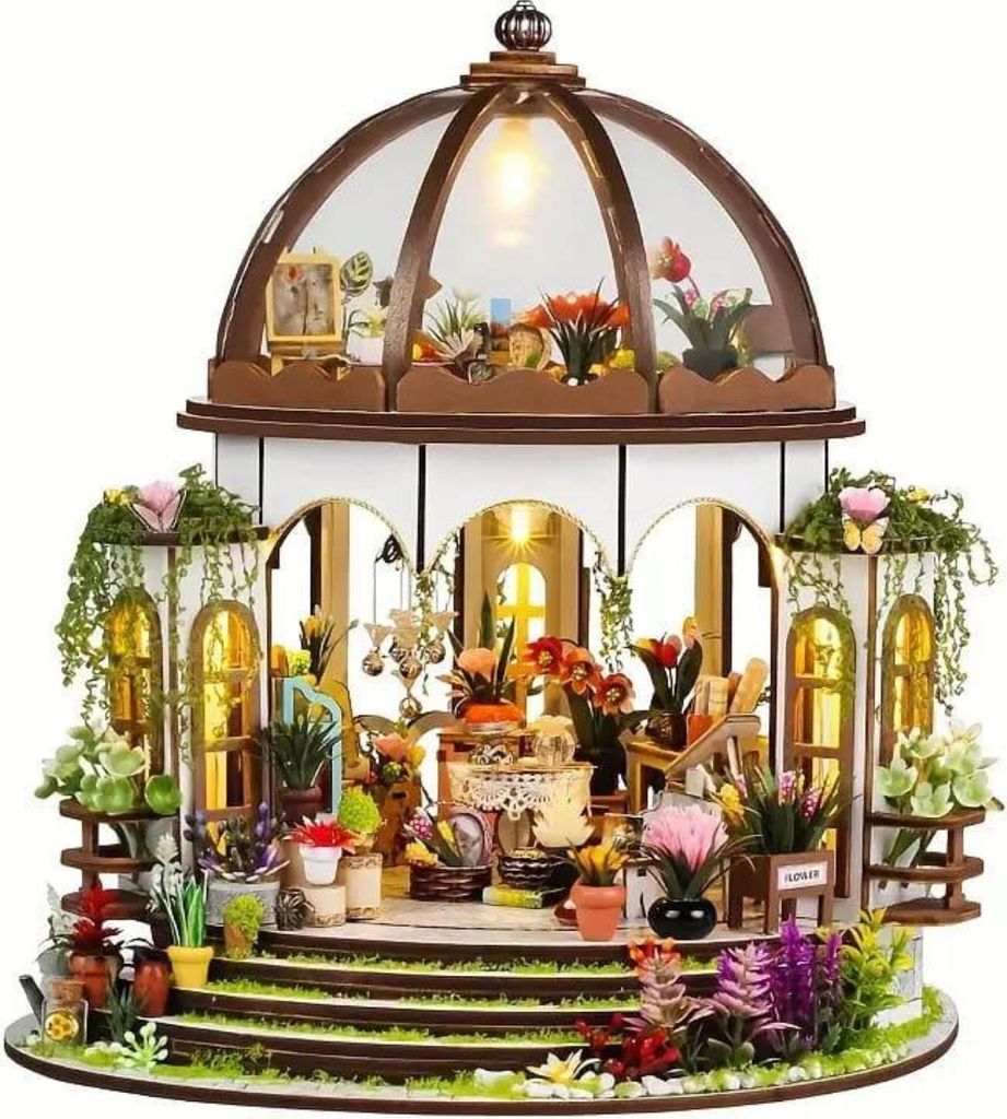 Habarri | Miniaturhaus - DIY-Puppenhaus - Holzhaus mit Möbeln und LED-Beleuchtung - Geschenk für Kinder - Garten unter den Sternen