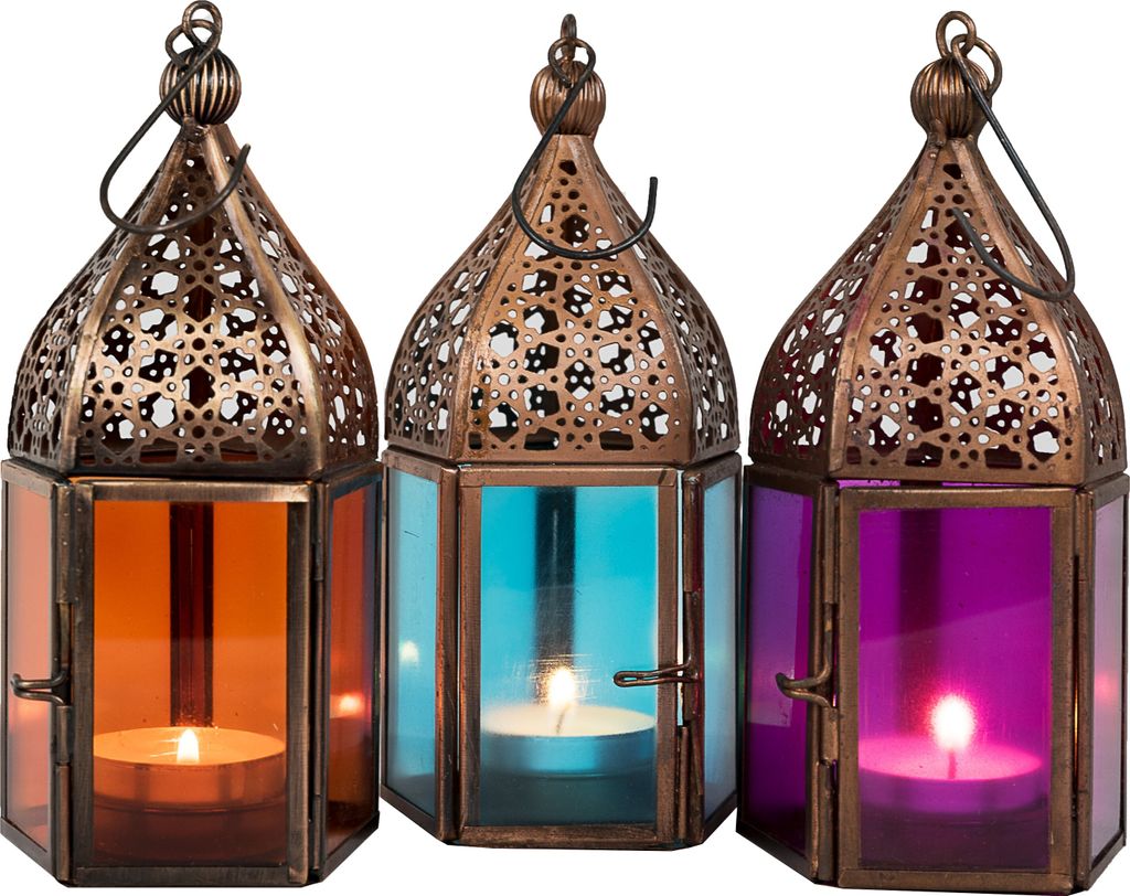 Orientalische Laternen 3 Set Laterne Meena bunt 16cm | 3x Orientalisches Windlicht aus Metall & Glas in 3 Farben | Marokkanische Glaslaterne für d...