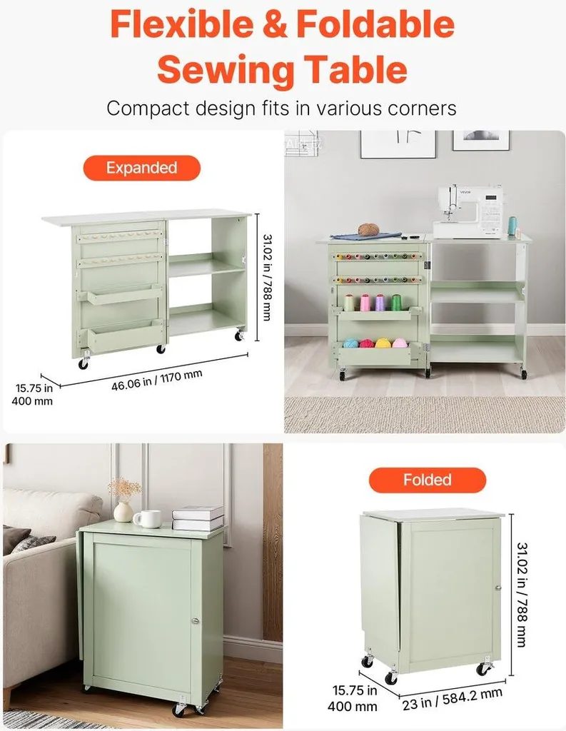 Station de couture pliable à roulettes, design compact et rangement intégré - 3