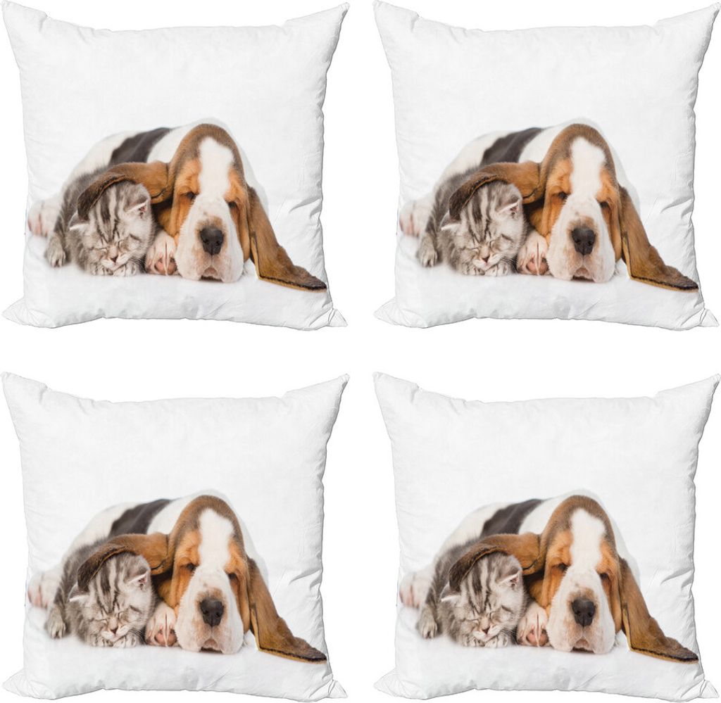 ABAKUHAUS Basset Kissenbezug Set (4 Stück), Welpen-Kätzchen-Schlafen, Moderner Doppelseitiger Digitaldruck, 40 cm x 40 cm, Dunkle Taupe Perle