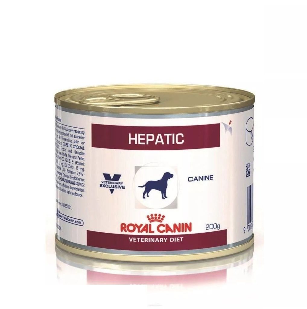 A single can of Royal Canin Veterinary Diet dog food, labeled 'Hepatic Canine'.