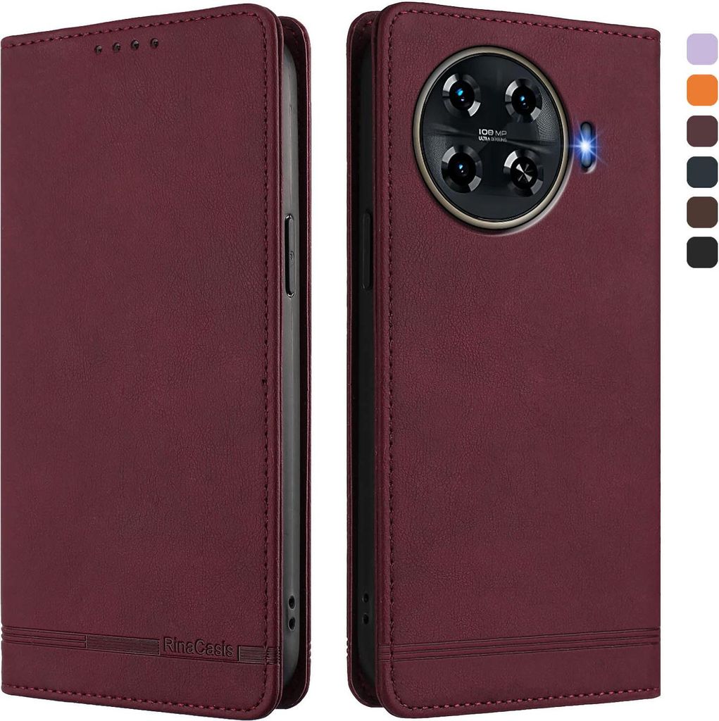Hülle für Tecno Spark 20 Pro+ 4G, Retro Kunstleder Ständer Klapphülle mit Kartenfächer und Magnetische Rot