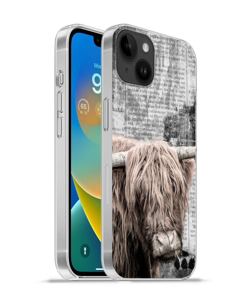 MuchoWow Handyhülle Schutzhülle Hülle für Apple iPhone 14 Plus - Soft case Schottischer Hochländer - Vintage - Text Silikon Softcase Handy H...