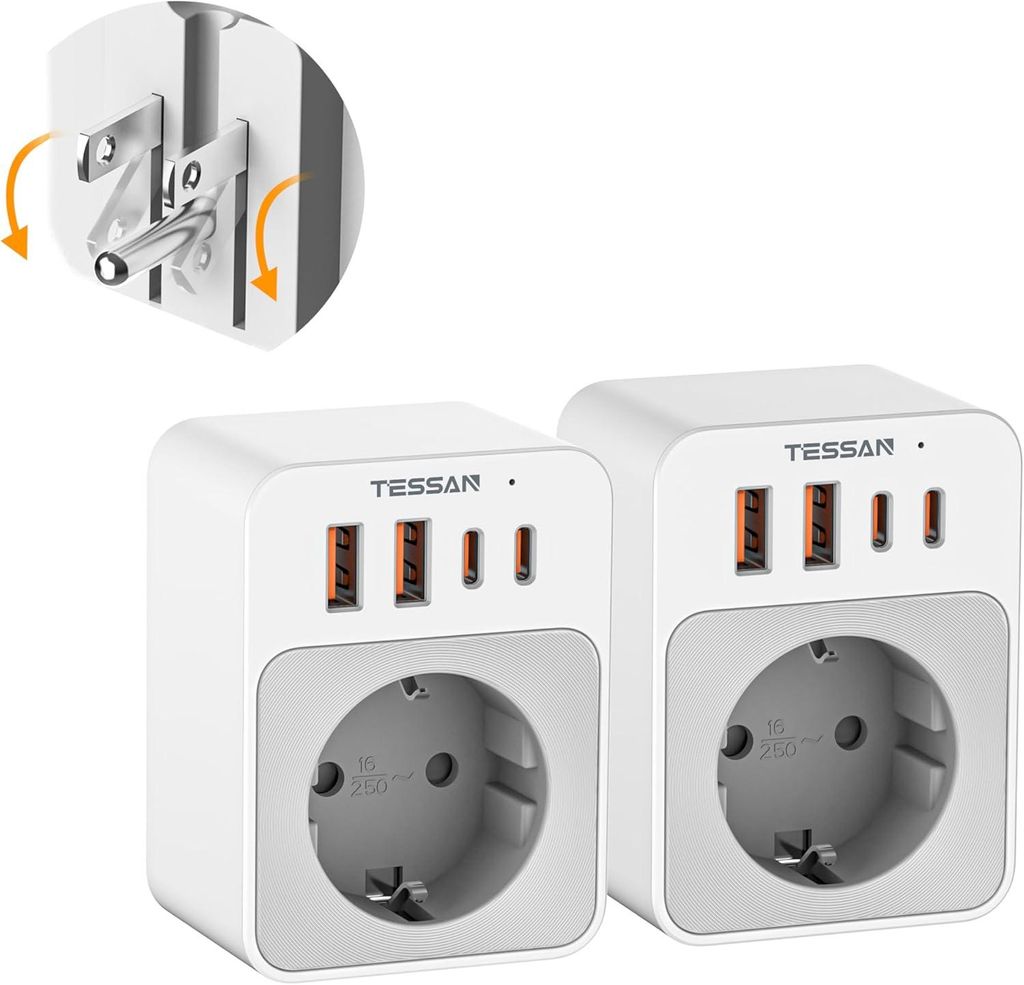 TESSAN 2 Stück Klappbarer USA Adapter Steckdose mit 2 USB C und 2 USB A Reiseadapter US Typ B