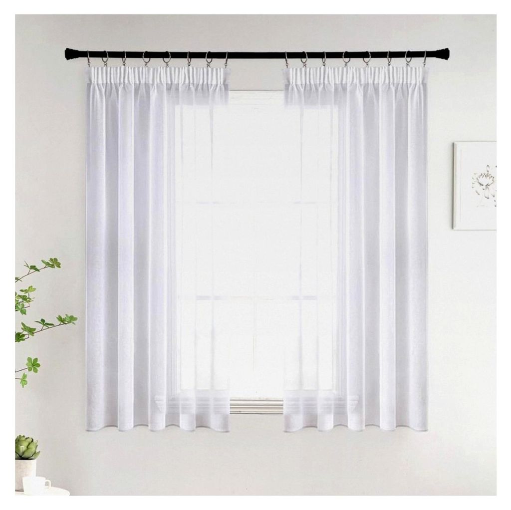 Kürzere Gardinen mit Kräuselband für Fenster, Voile Vorhänge, transparent, 2er Set 140x145cm (BxH), Weiß