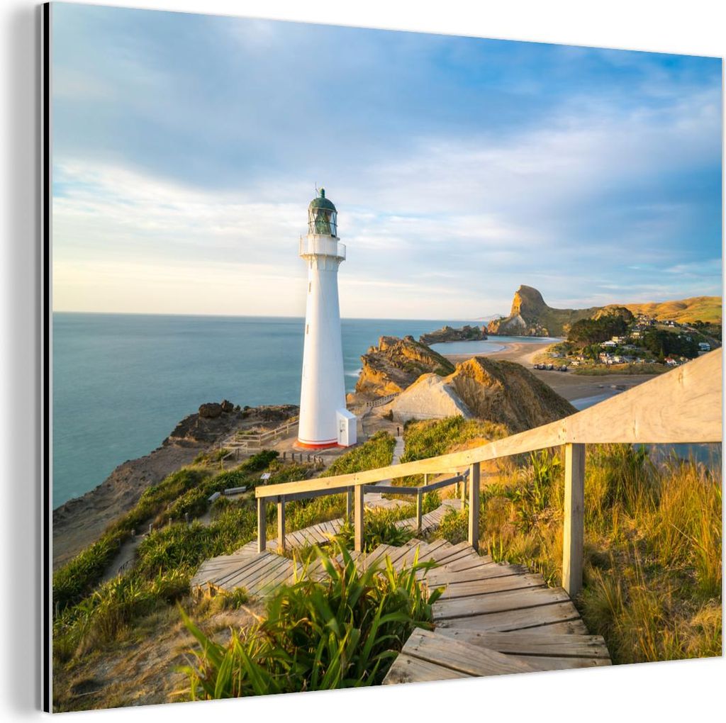 MuchoWow Wanddekoration Metall Metallbild Wandkunst 80x60 cm Meer - Leuchtturm - Weiß MuchoWow Aluminium Gemälde - Alubild