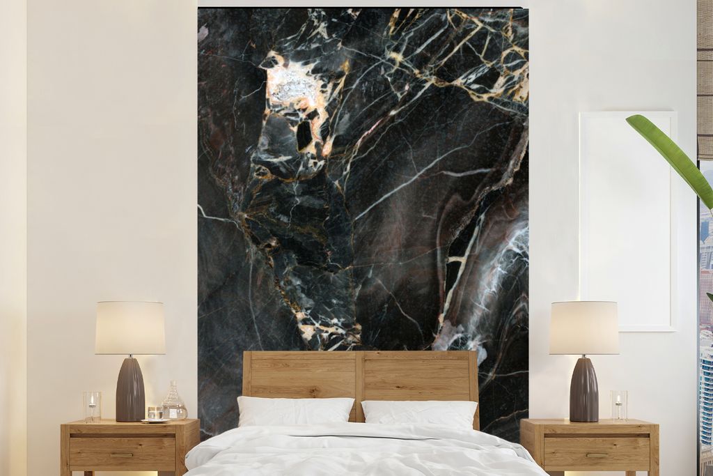 MuchoWow Fototapete für Wohnzimmer oder Schlafzimmer Wandtapete Vinyl Motivtapete Marmor - Schwarz - Gold - Muster - 200x300 cm - Wanddekorationen