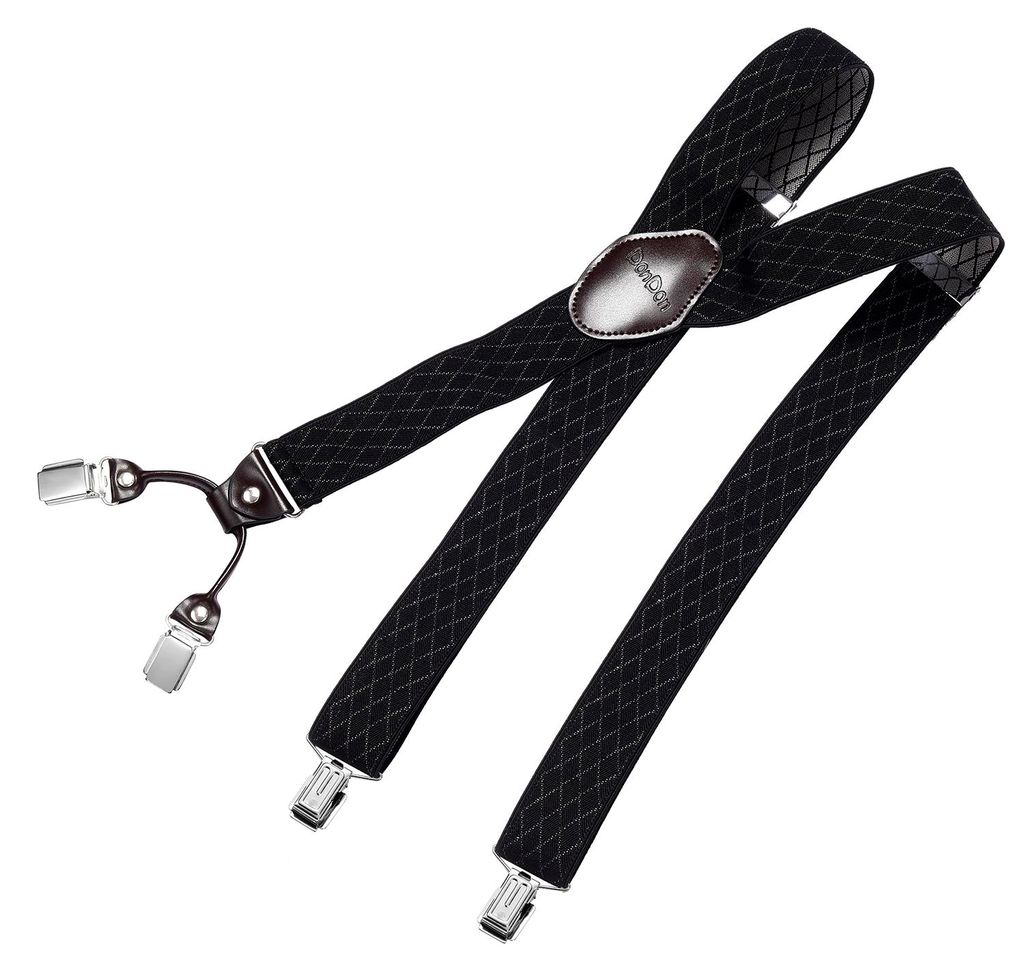 DonDon Herren Hosenträger 3,5 cm breit 4 Clips mit braunem Leder in Y-Form elastisch und längenverstellbar - Raute schwarz