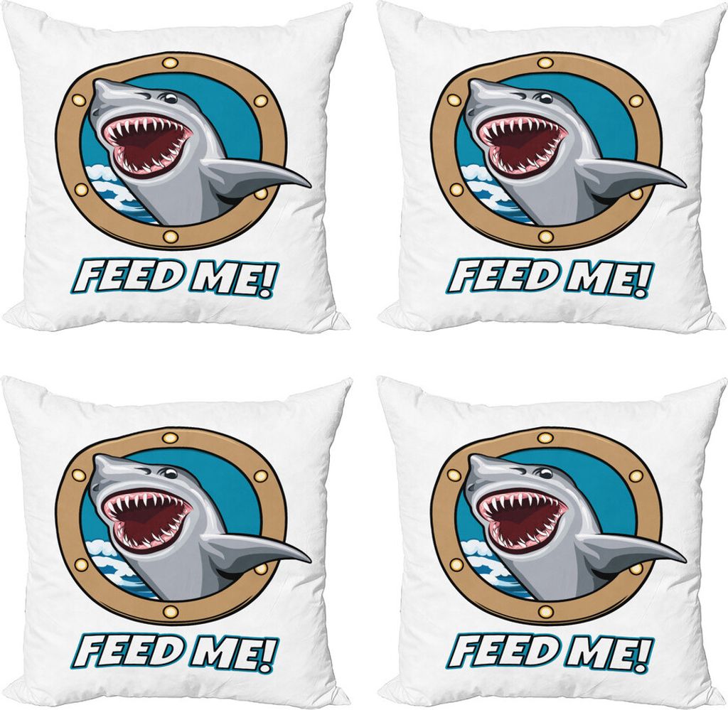 ABAKUHAUS Hai Kissenbezug Set (4 Stück), Feed Me Wörter Shark, Moderner Doppelseitiger Digitaldruck, 45 cm x 45 cm, Mehrfarbig