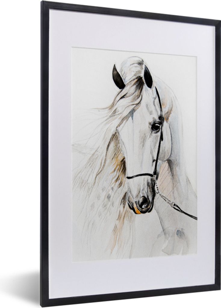 MuchoWow MuchoWow Gerahmtes Poster Pferd - Aquarell - Tiere - Weiß 40x60 cm - Poster mit zchwarzem Bilderrahmen - Poster in Rahmen