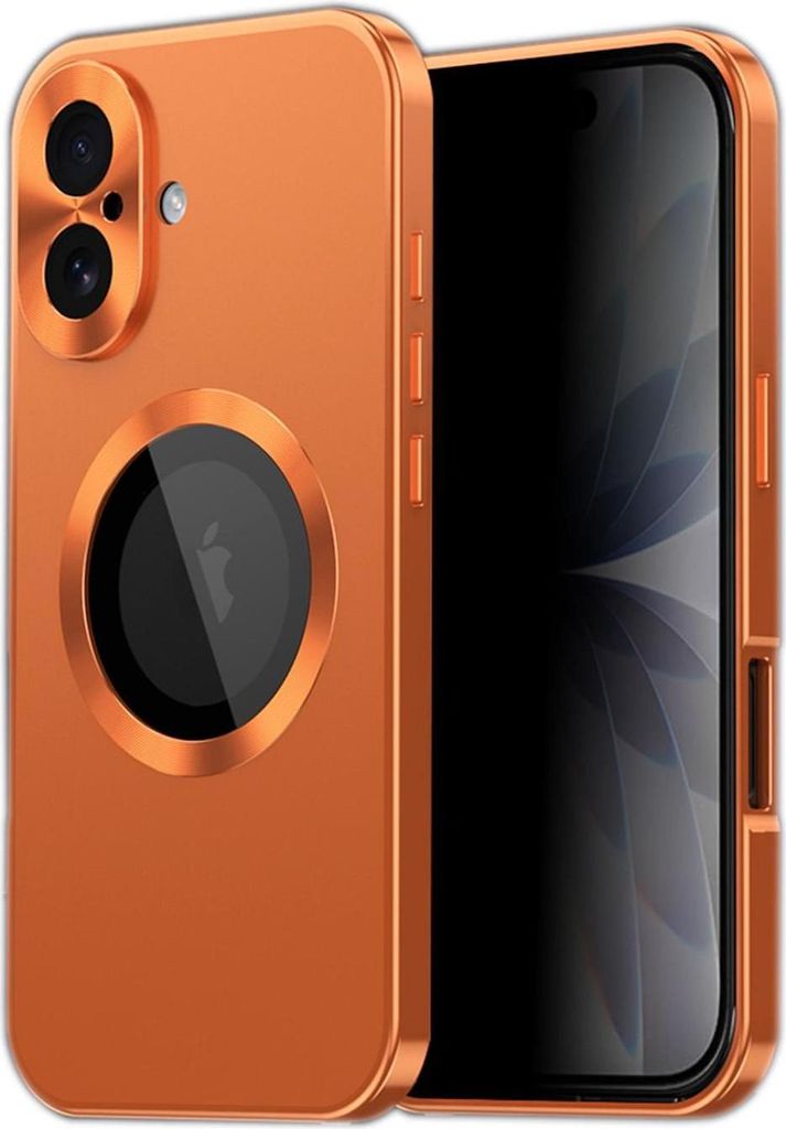 A product shot of an orange iPhone case with a visible Apple logo.