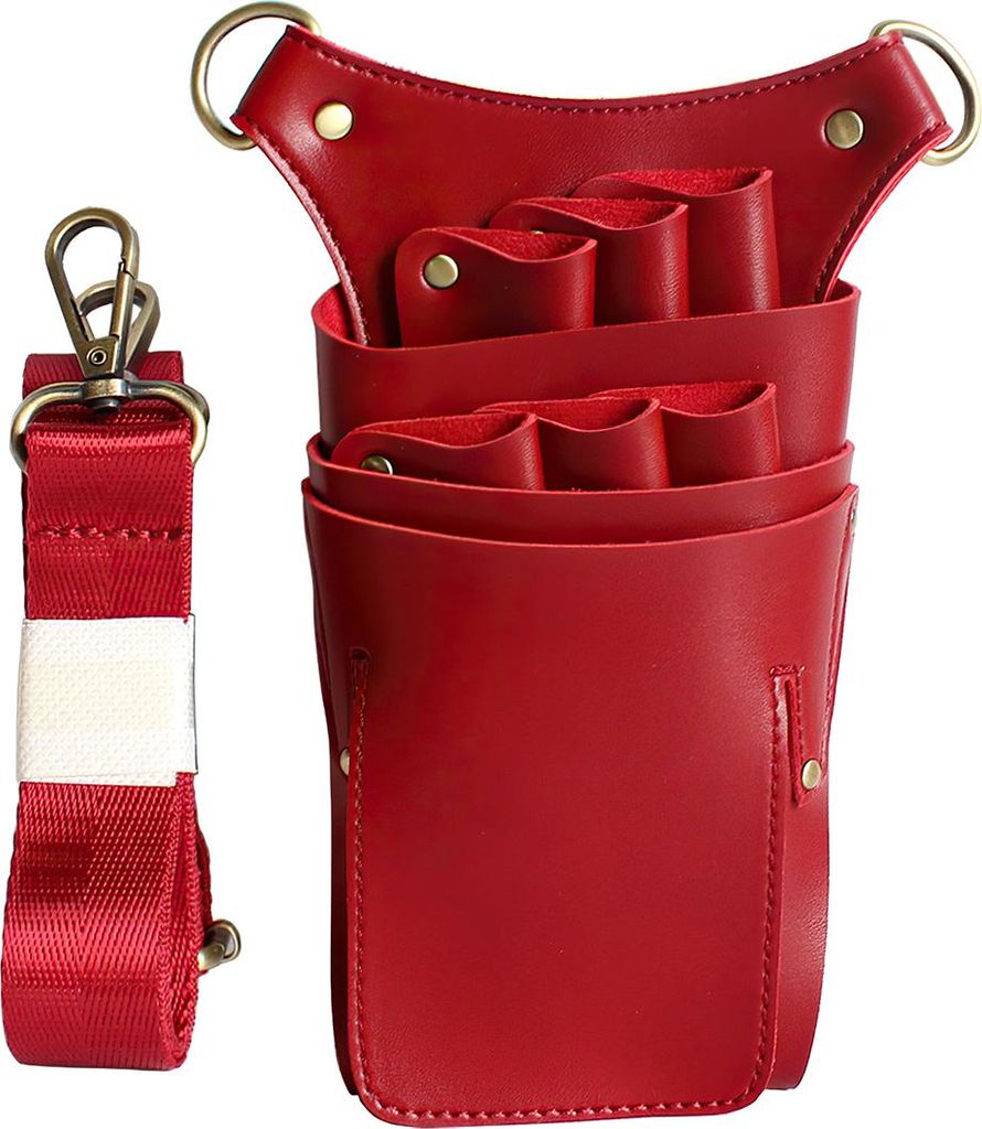 Professionelle Friseurscheren-Tasche aus Leder, Gürteltasche für Friseure mit verstellbarem Riemen, 6 Scherenfächer – Rot