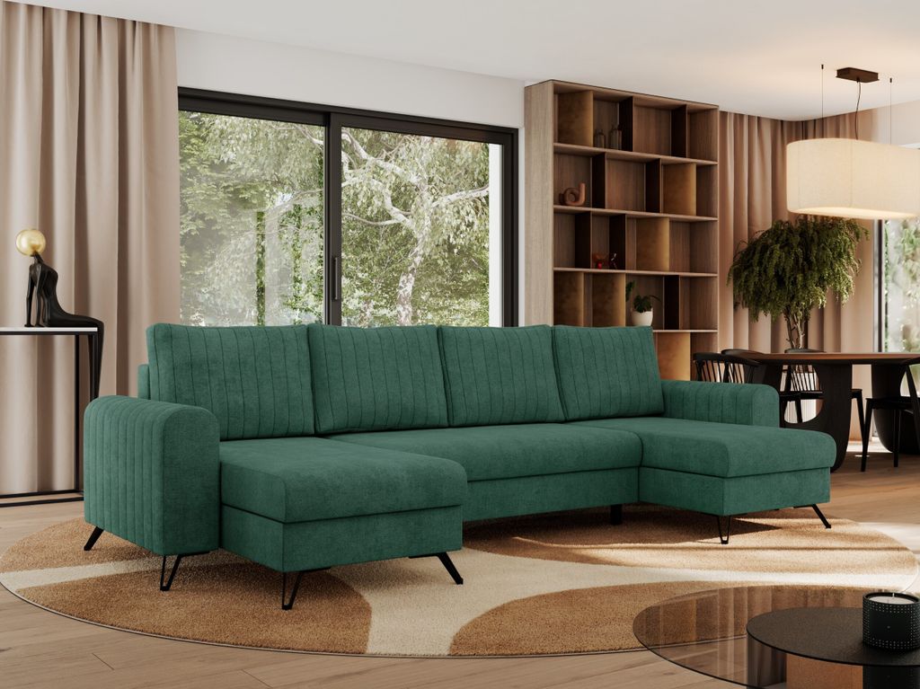 Ecksofa für das Wohnzimmer, AXEL U Ecksofa mit losen Kissen, drei Bettkästen, U-förmiges Ecksofa mit Armlehnen, Universalecke mit schwarze Metal...