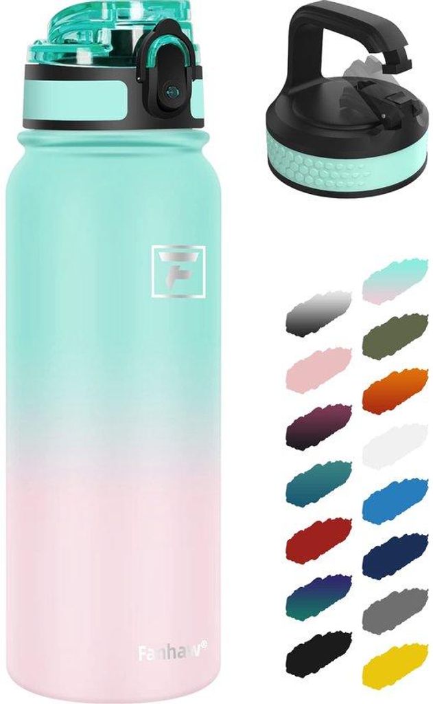 Wasserflasche 600ml Edelstahl mit 2 Deckeln, schweißbeständig, grün/rosa