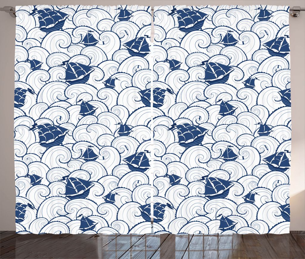 ABAKUHAUS Nautisch Rustikaler Gardine, Boot auf dem Ocean Journey, Schlafzimmer Kräuselband Vorhang mit Schlaufen und Haken, 280 x 245 cm, Blau un...