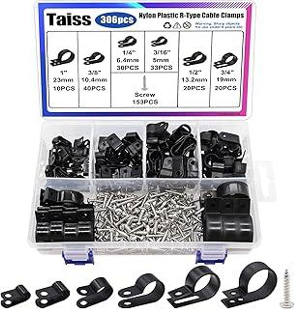 Taiss 306 Stück R Typ Cable Clip Schwarz?6 Größen Nylon R Clip 3/16 1/4 3/8 1/2 3/4 1 kabelhalter schraubbar schwarz Kabelklemmen mit Schr...