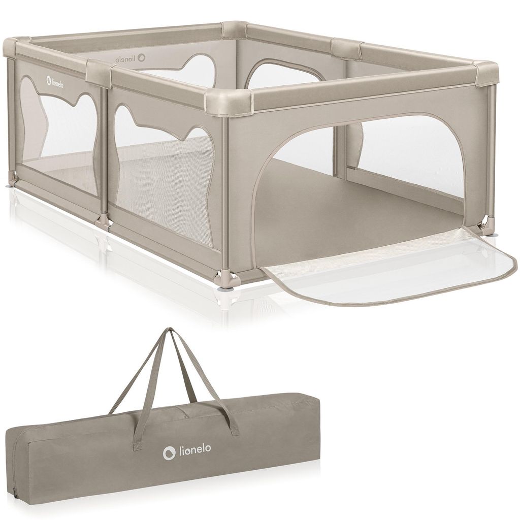 A beige playpen and its carrying bag are shown against a white background.