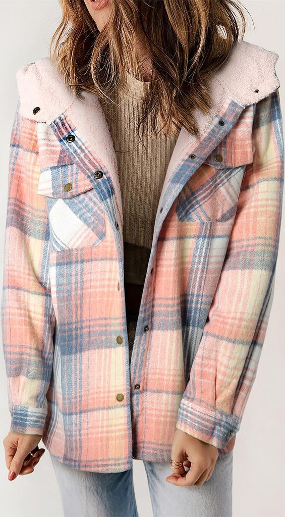 Damen Wintermantel Kariert Mit Kapuze - Warm Gefütterte Oversize Fleecejacke