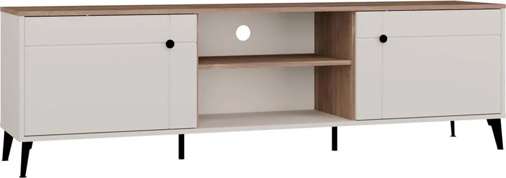 Banc TV POINT 2D beige cachemire et bois de chêne avec rangements