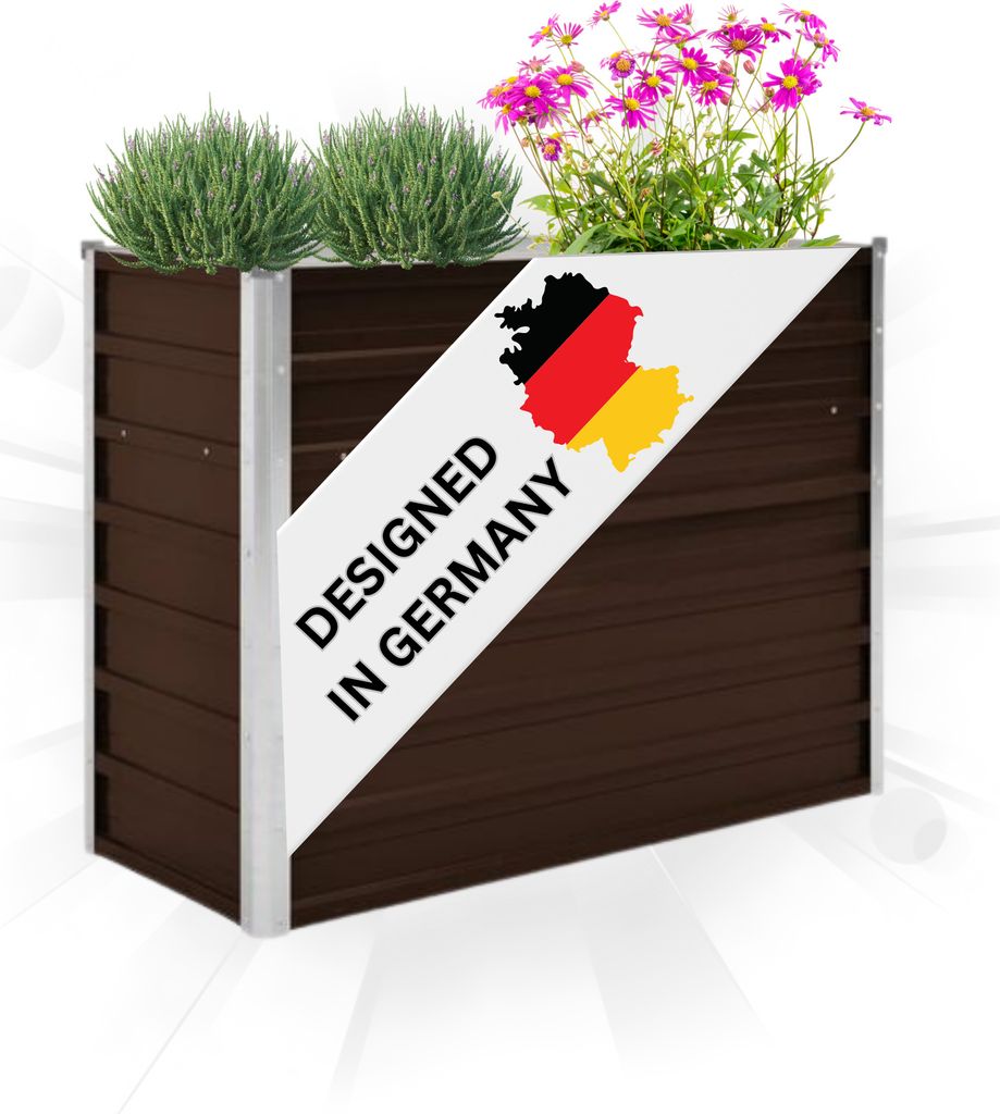 A brown raised garden bed with plants and a "Designed in Germany" label.