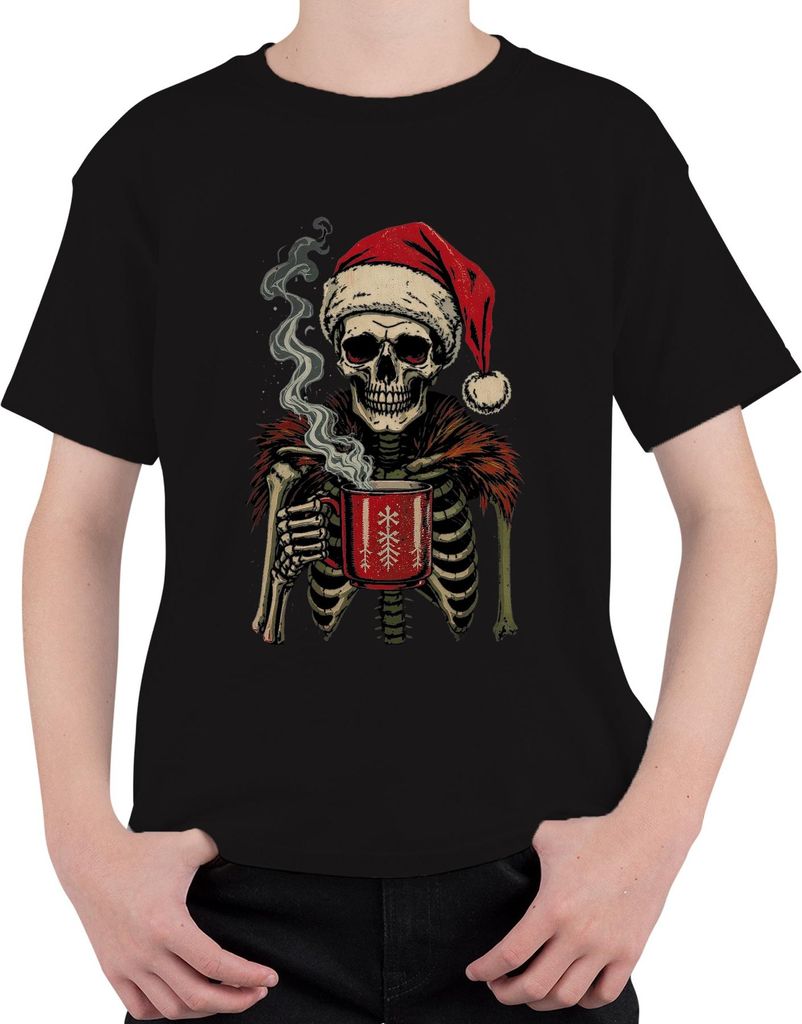 Totenkopf Santa Weihnachtsmann Skelett Becher gruselig Gothic Uni Kinder T-Shirt, Schwarz, 128