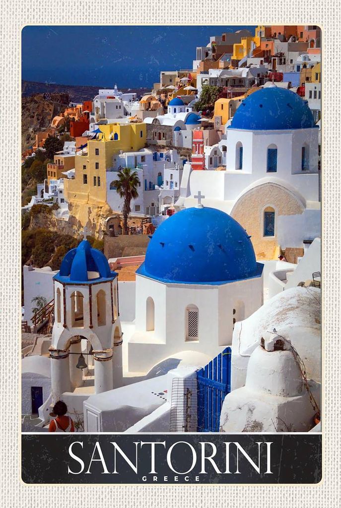 vianmo Holzschild 18x12 cm Santorini Griechenland Häuser weis Bildmotiv Reisemotiv Abenteuer Reisen