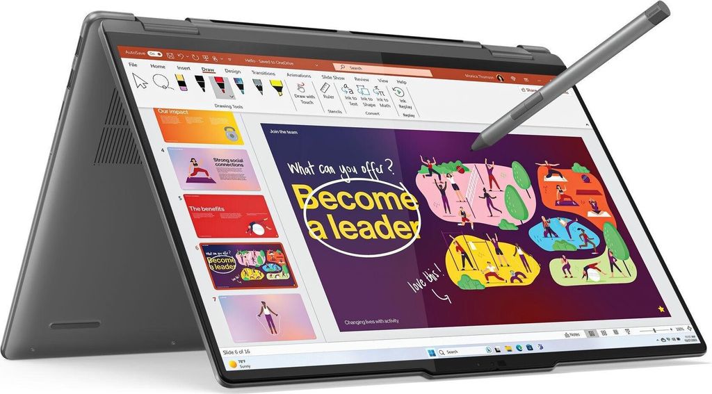 A laptop is shown in a tent mode with a stylus touching the screen. The screen displays a presentation with graphics and text.