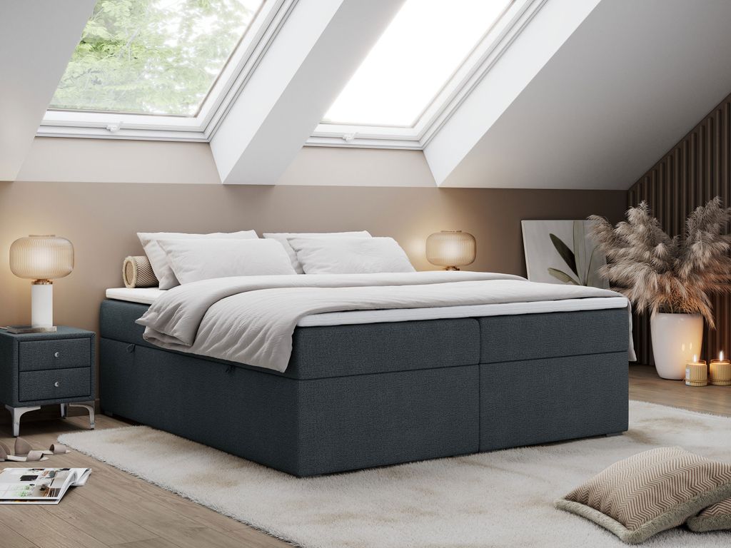 Boxspringbett ohne Kopfteil mit Bettkasten, niedriges Kopfteil, Polsterbett ohne Kopfteil - BESS - 200x200 - Dunkelgrau - H3