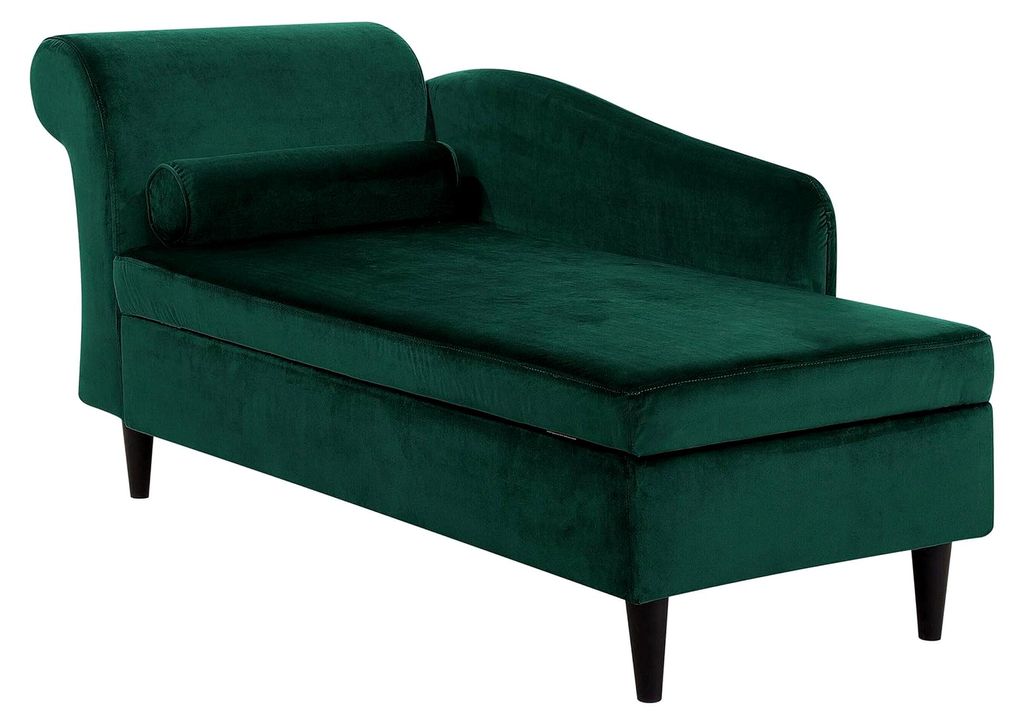Chaiselongue aus Samt in Dunkelgrün rechts mit Stauraum und Kissen, hohe Lehne, Retro-Stil