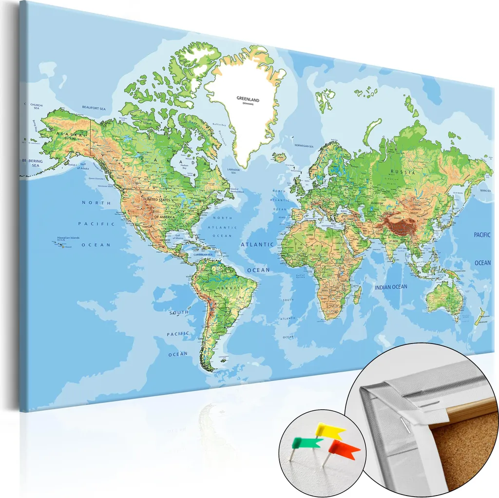 Quadro Sughero Mappa Mondo k-C-0026-p-a 120x80 cm | Regalo per Viaggiatori