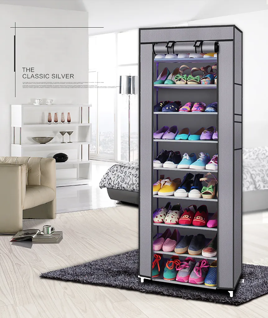 Range-chaussures Vertical 10 Couches avec Housse de Protection Grise