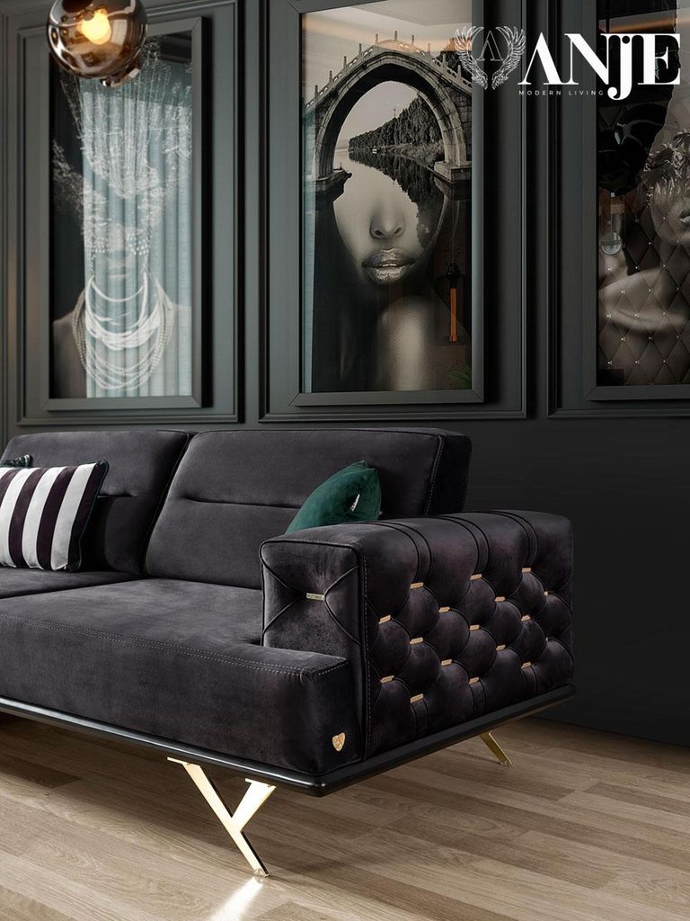 Schwarzer Dreisitzer Wohnzimmermöbel Couchtisch Hocker Modernes Design