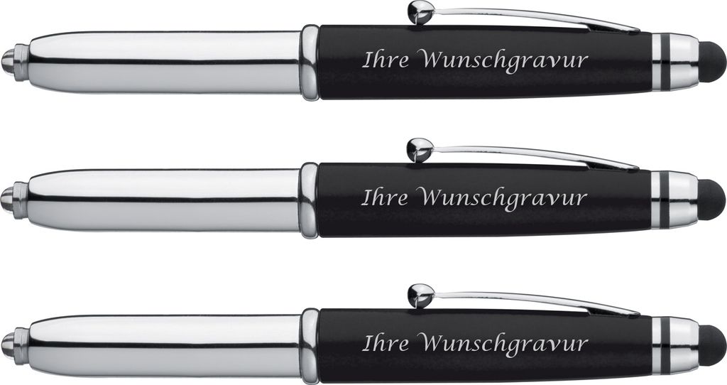 3x LED Touchpen Kugelschreiber mit Gravur / Farbe: silber-schwarz