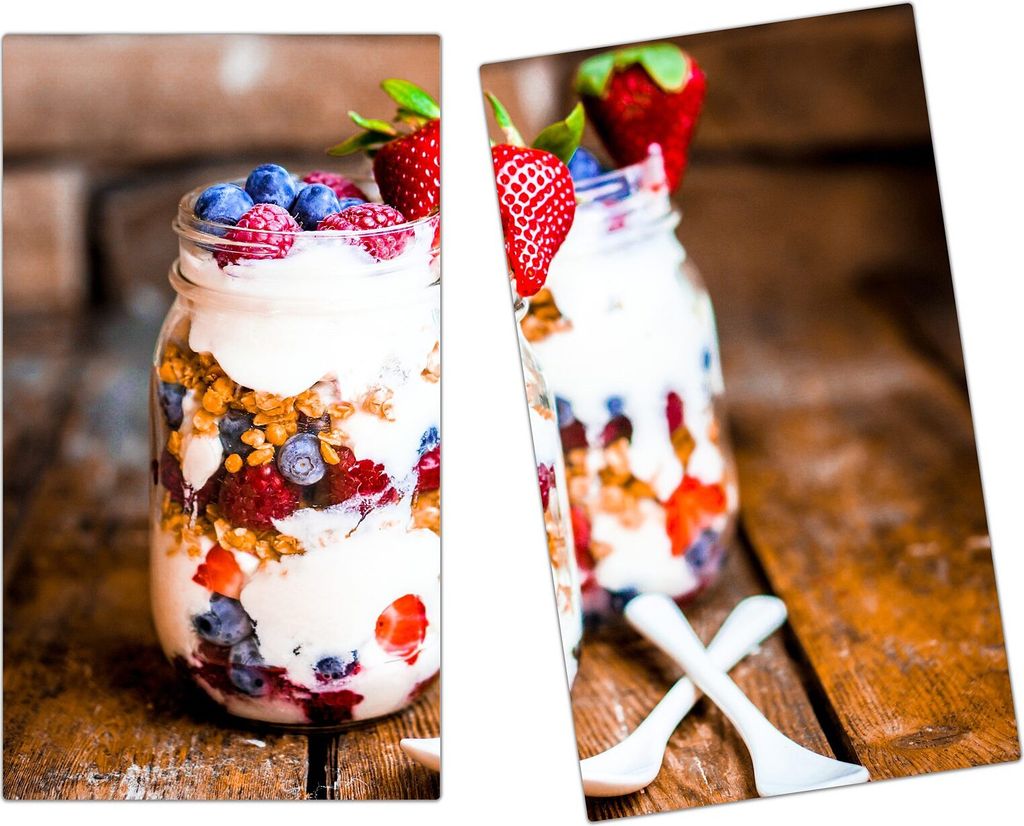 Spritzschutz Herdabdeckplatte Schneidebrett aus Glas Müsli Dessert 2-Teilig (60x52cm)