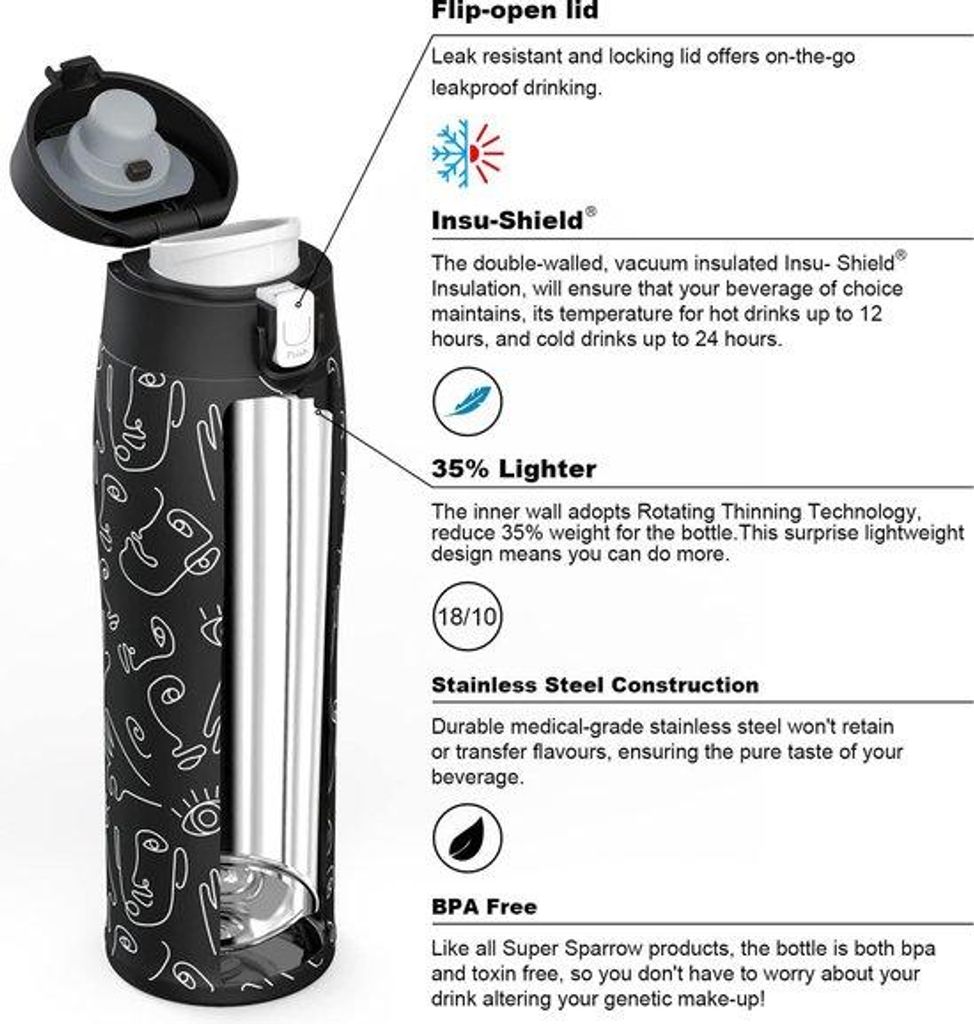 Ultralichtes Thermobecher aus Edelstahl 18/10 - 500 ml - BPA-frei, leckgeschützt - Ideal für Sport, Kinder, Reisen, Schule, Büro, Haus