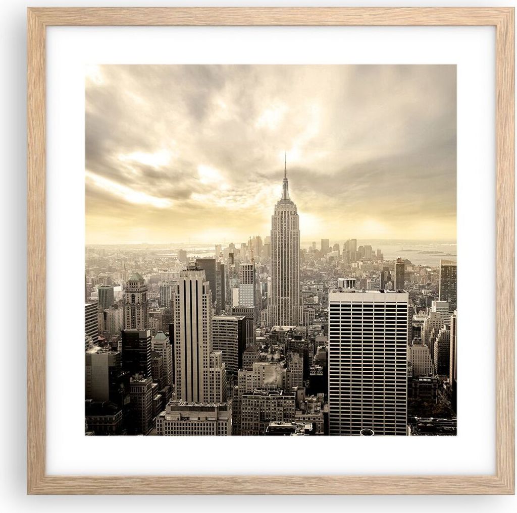 Gerahmtes Poster - Rahmen in heller Eiche - Stadt Wolkenkratzer Manhattan New York - 40x40 cm - Wand Bild - Wanddeko - Wandbilder - Wandposter - Bi...