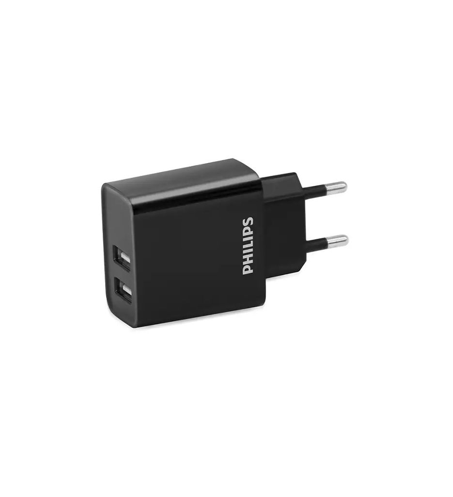 PHILIPS USB-Ladegerät - DLP2610/03 - 230V - 2 USB-A-Anschlüsse - Kompatibel mit iPhone und Samsung - Schwarz