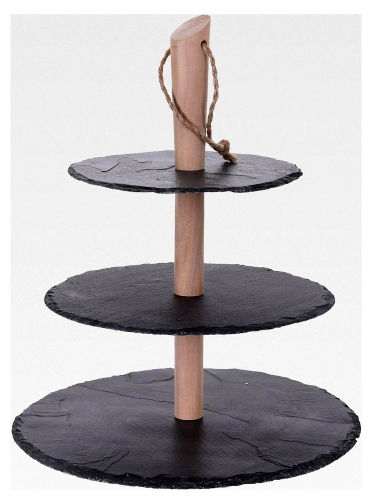 Etagere aus Schiefer 36 cm - 3 Platten - Servierplatte mit Holzständer - 3-stöckiger Etagenständer