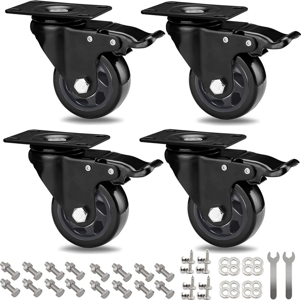 75 MM Schwerlast-Rollen - Möbelrollen Lager - 500 KG Drehbare Rollen - Möbel Gummi Drehbare Trolley-Rollen mit Bremse - Inklusive 16 Stück Schra...