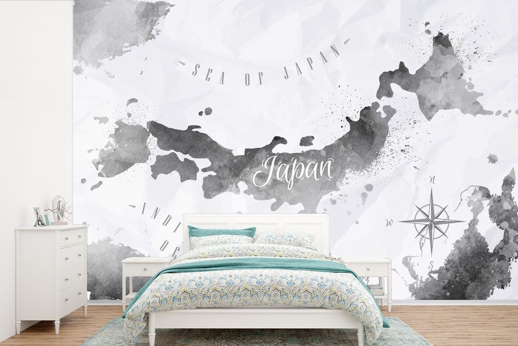 MuchoWow Fototapete für Wohnzimmer oder Schlafzimmer Wandtapete Vinyl Motivtapete Karte - Japan - Ölfarbe - 330x220 cm - Fototapeten