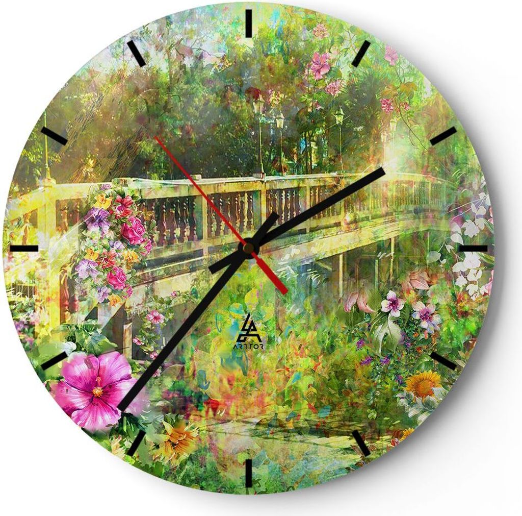 Wanduhr - Rund - Glasuhr - Brücke Park Blume Frühling - 40x40cm - Schleichendes Uhrwerk - Lautlos - zum Aufhängen bereit - Dekoration Modern - W...