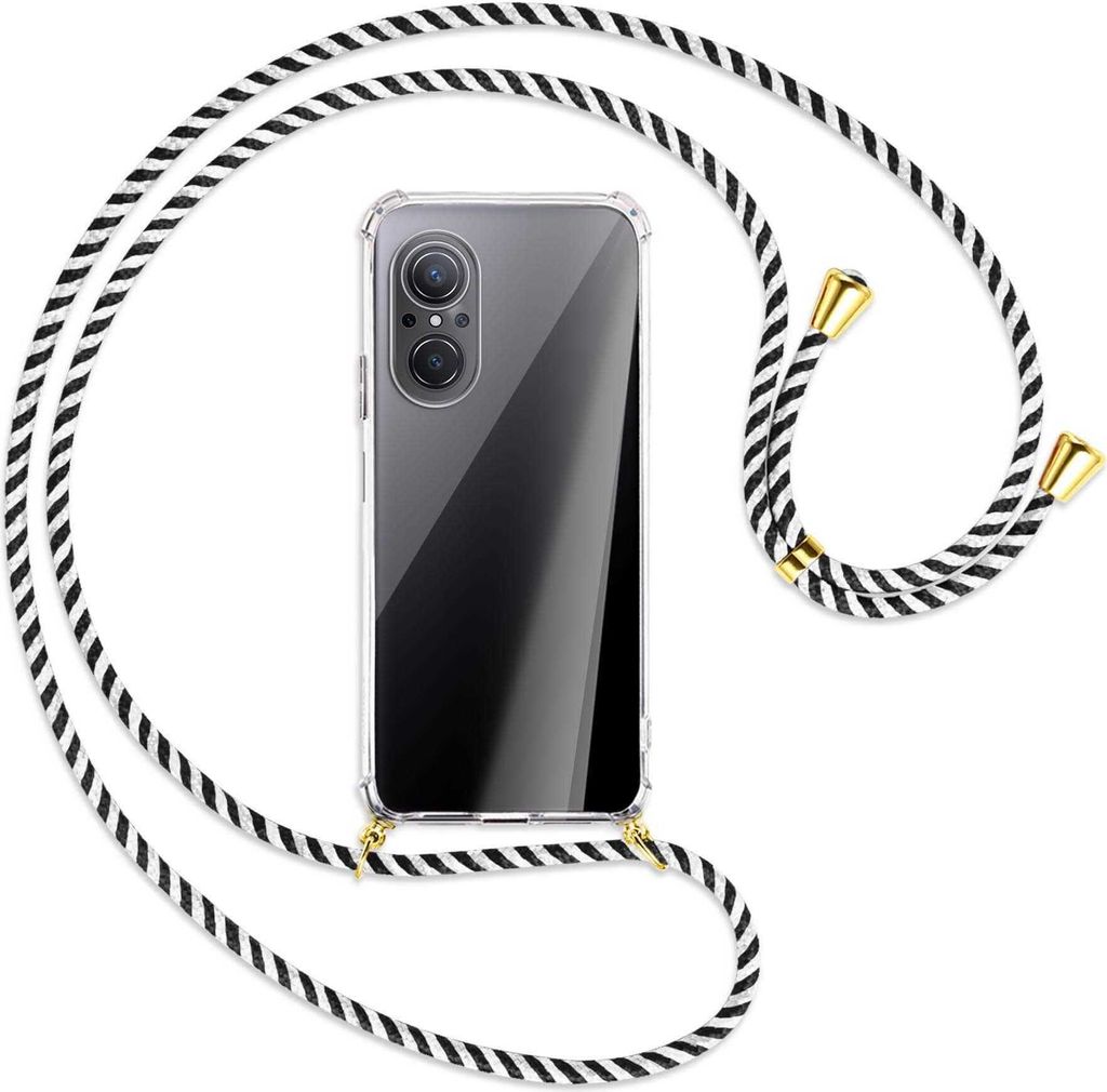 Handykette Backcover-Schutzhülle mit Band (Metall goldfarben) für Huawei nova 9 SE - schwarz/weiß gestreift