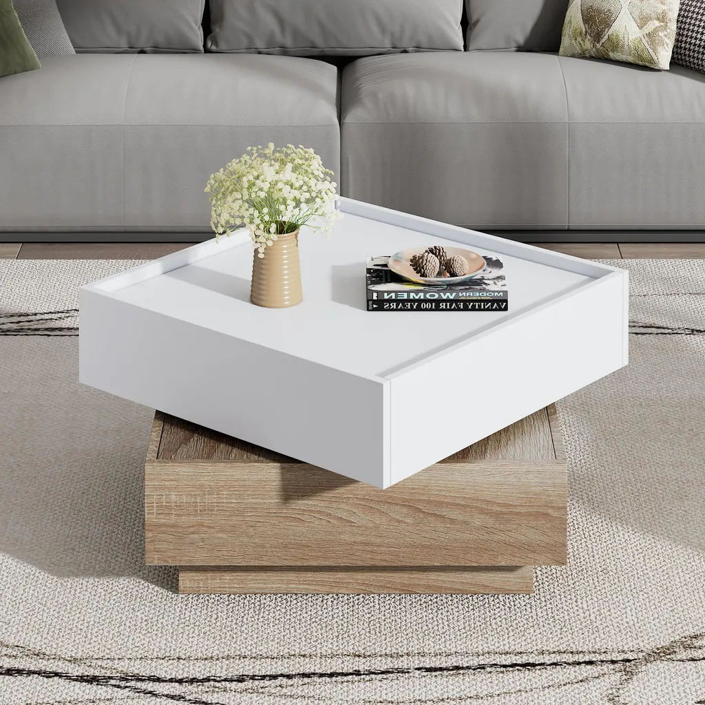 Table basse rotative 360° avec 2 niveaux de rangement style noyer