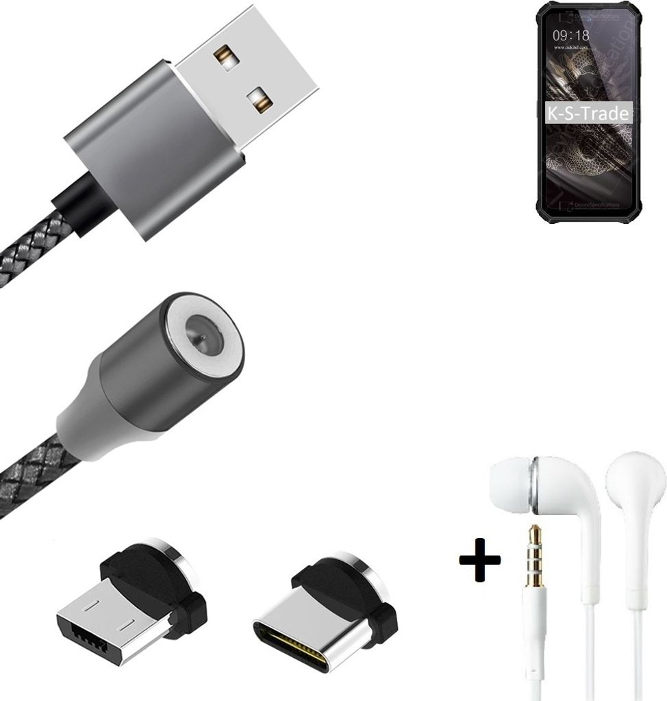 K-S-Trade Hochwertiges Magnet-Lade-kabel Sync-Kabel Daten-Kabel + Kopfhörer kompatibel mit Oukitel WP19 mit USB-Typ-C-Anschluss und