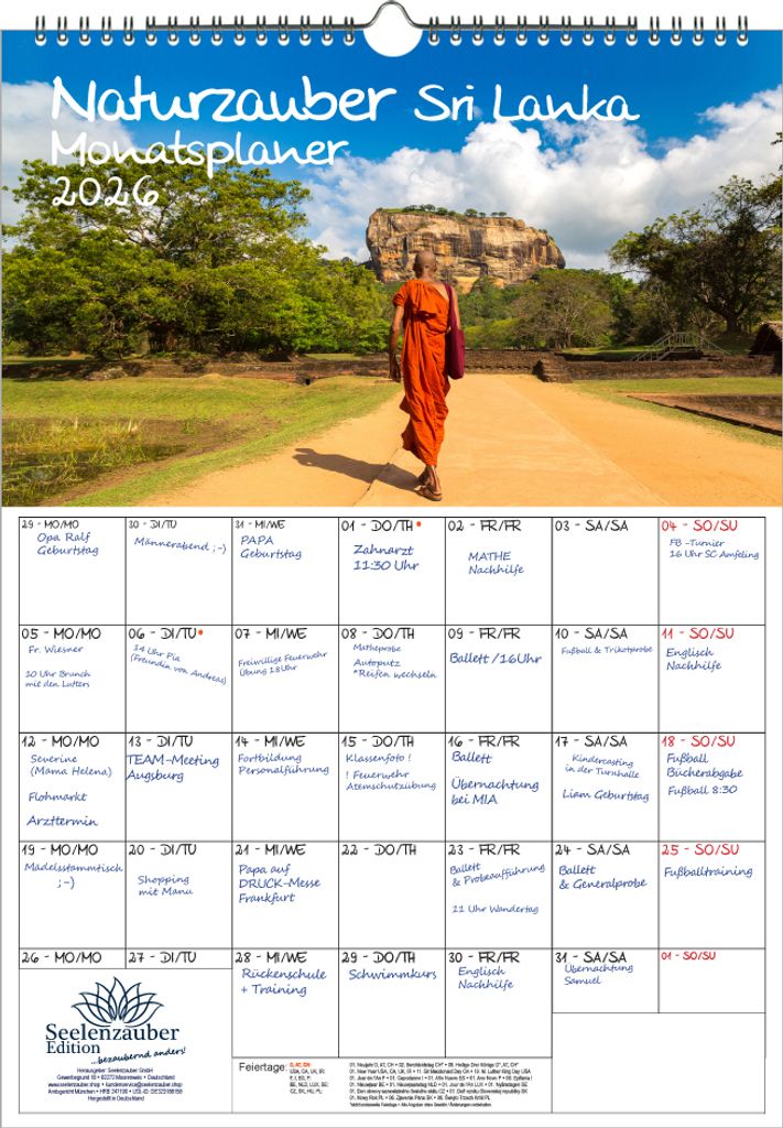 Naturzauber Sri Lanka Planer DIN A3 Kalender für 2026 Landschaft Natur Land Urlaub Strand - Seelenzauber